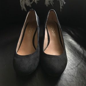 Black Suede Low Heel Wedges with Leather Accent